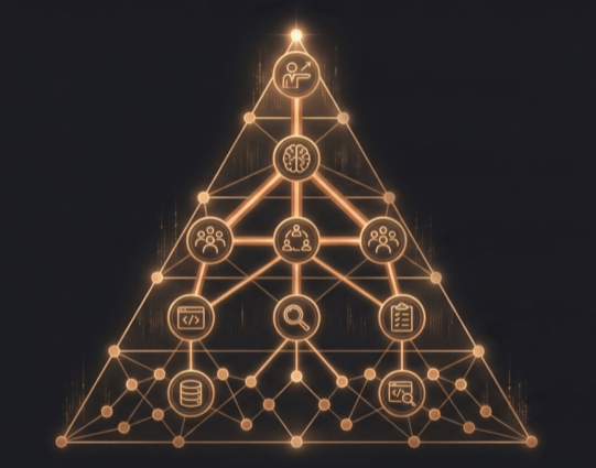 Copper pyramid with tiered agent hierarchy showing five orchestration levels connected by circuit pathways