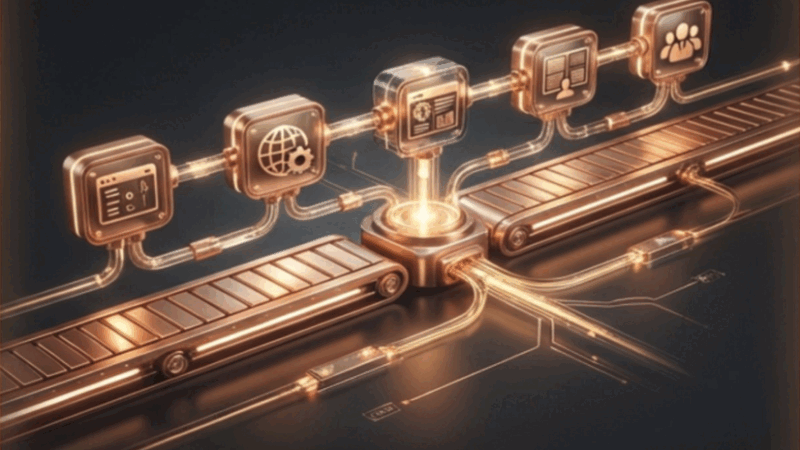 Copper assembly line with five specialized processing stations connected by glowing conduits